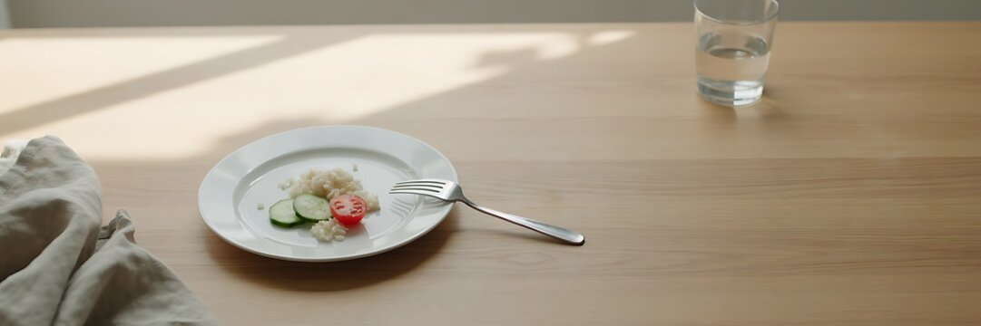 anorexia nervosa, eating disorder, A light meal of salad with cucumbers and tomatoes on a plate, accompanied by a glass of water