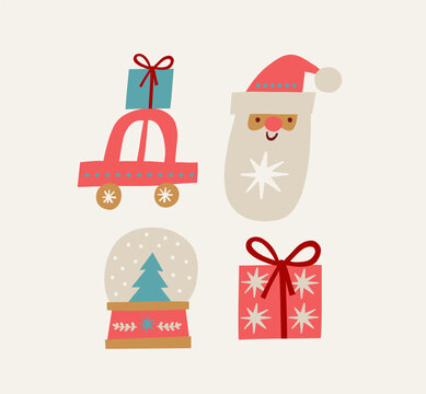 Christmas Hand Drawn vecor print. Festive Holiday clipart. Folk Decor Elements