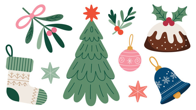 Set of cute christmas elements including a decorated tree, stocking, pudding, mistletoe, bell, and ornaments