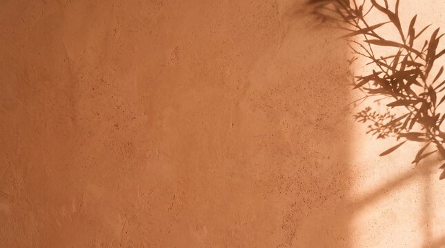 Minimalist Warm Terracotta Plaster Background Template with Soft Botanical Shadows
