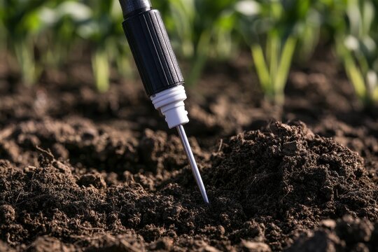 Soil testing probe inserted into rich dark earth with green plants in background.
