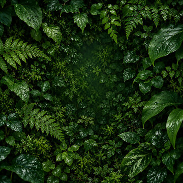 Green rain-soaked forest leaves, foliage, jungle plants, tropical rainforest, dark green ferns, Amazon garden, sunlight, tree frame, grassy background