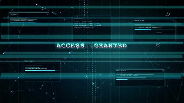 Digital cybersecurity interface with access granted notification and scrolling data on dark blue background