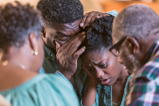 Concerned family members comforting each other during an emotional and difficult situation