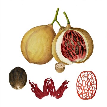 Realistic watercolor nutmeg pala with mace bundle tied with jute rope isolated on white background