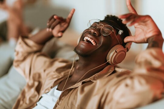 Young black man listening to music with headphones, laughing and dancing indoors on a couch