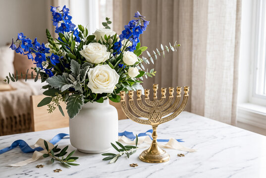 Bouquet of blue delphinium and white roses in vase with golden Hanukkah menorah on festive table