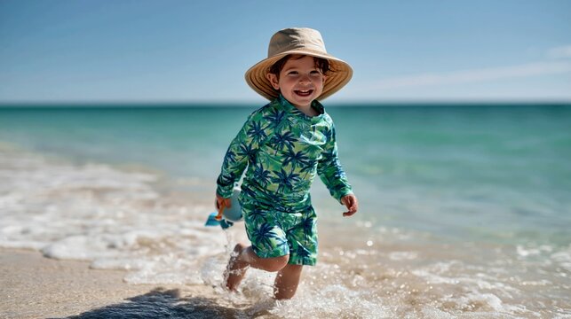Toddler Boy in Swim Trunks and a Rash Guard at the Beach