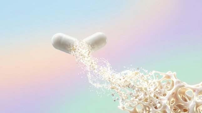 Osteoporosis research concept with bone dissolving into mineral particles on pastel background