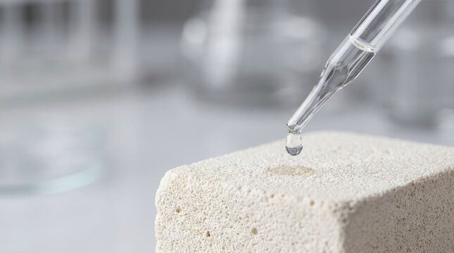 Osteoporosis research uses pipette to examine porous bone material in sterile laboratory for medical analysis and scientific discovery