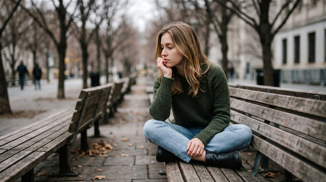 Sad young woman sitting alone on a park bench in autumn