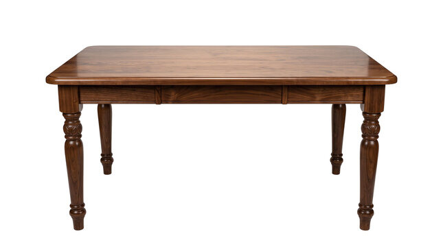 Classic wooden dining table with turned legs, traditional dark oak kitchen furniture, elegant solid wood rectangular table for home interior isolated PNG with Transparent Background