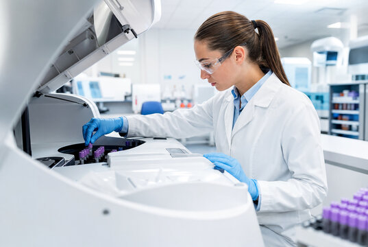 Clinical laboratory technician loads specimen tubes into automated diagnostic analyzer, supporting medical testing, laboratory automation, diagnostics and advanced healthcare technology.