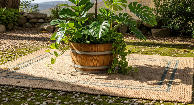 Potted Monstera Plant on Outdoor Woven Rug