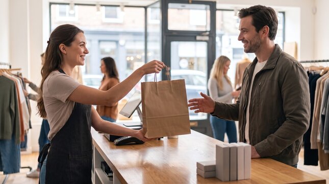 Smiling Saleswoman Hands Shopping Bag to Customer in Clothing Store
