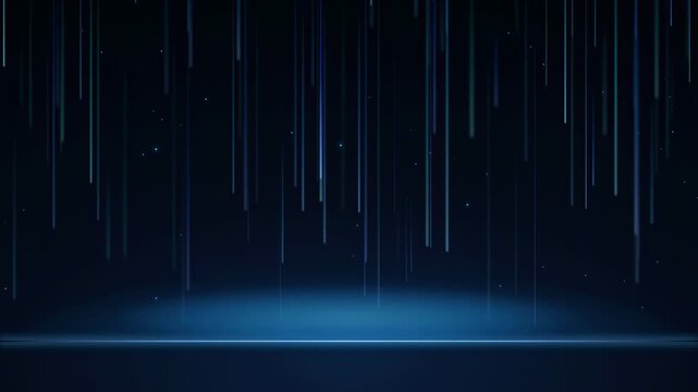 Abstract Blue Digital Rain Falling on a Glowing Floor in a Dark Futuristic Space