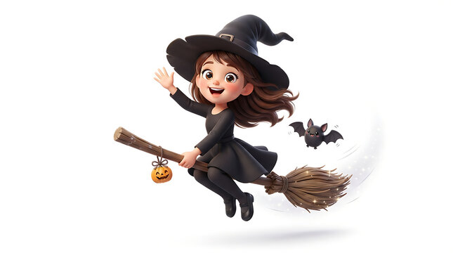 Cheerful Girl in Witch Costume Flying on Broomstick With Bat
