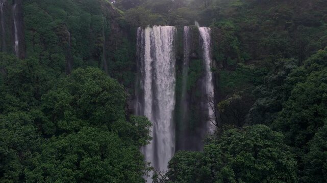 Aerial View of Barki Waterfall Amid Lush Green Forest Kolhapur Maharashtra