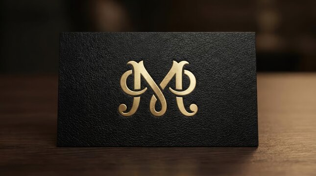 Elegant gold monogram logo on black textured business card.