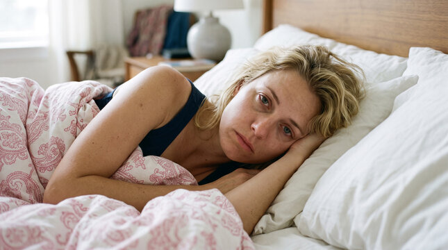 Young woman lying in bed feeling sad and depressed in the morning