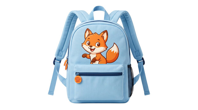 Light blue children's backpack with cute fox illustration, school bag for kids with cartoon animal character, nursery rucksack with adjustable straps isolated PNG with Transparent Background