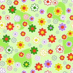 Colorful floral seamless pattern with vibrant flowers and leaves on light green background © Wolfworker