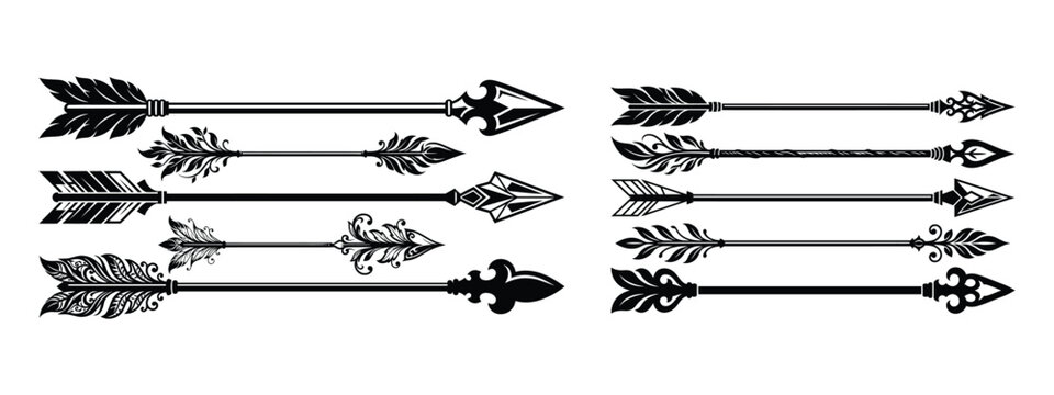 Tribal arrow silhouette collection set, ethnic bow weapon icons for bohemian and rustic design styles vector