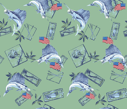 American flag pattern with dolphins and palm trees on green background