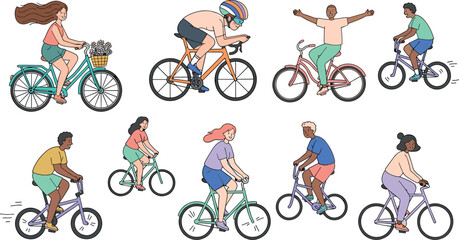 Obraz premium Diverse People Riding Bicycles Flat Vector Illustration Set Featuring Cyclists, City Bikes, Racing, BMX, and Outdoor Healthy Lifestyle Activity Designs