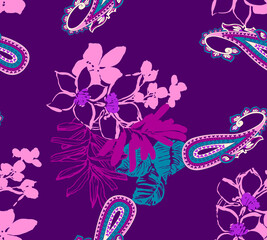 Vibrant floral pattern with swirls on purple background © Wolfworker