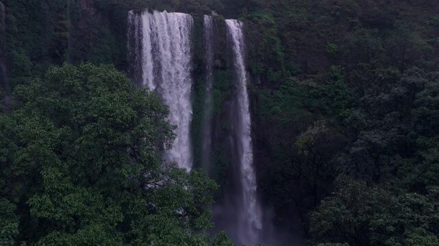 Aerial View of Barki Waterfall Amid Lush Green Forest Kolhapur Maharashtra