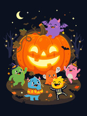 Fototapeta premium Happy halloween characters celebrating around a giant pumpkin illustration