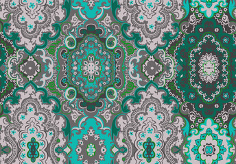 Intricate Floral Pattern Design with Teal and White Ornate Motifs on Textured Background © Wolfworker
