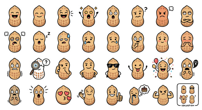 Cute peanut emoji collection, 32 cartoon nut character icons with various facial expressions, funny legume mascot set for social media and messaging