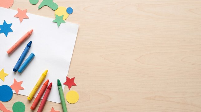 Colorful crayons rest beside a blank sheet of paper. Bright paper stars and circles decorate a wooden desk, with generous copy space on the right. Creative learning and child art concept.