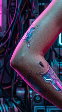 Cyberpunk Bionic Arm with Glowing Circuit Implants and Neon Cyberware Hardware