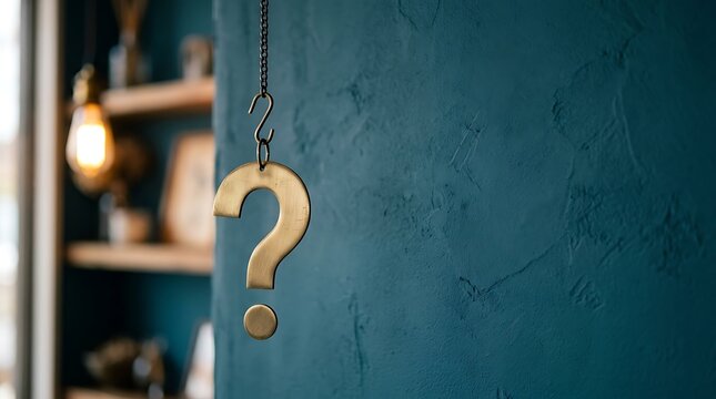 Minimalist brass question mark symbol suspended from a thin chain against deep teal plaster wall with cozy interior shelves blurred softly in the distance.