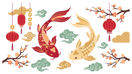 Obraz premium Koi fish and red lanterns for traditional chinese lunar new year.