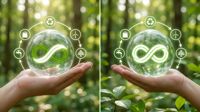 Hands holding a glass sphere with an infinity leaf symbol and sustainability icons representing renewable energy, water conservation, and recycling in a natural forest environment