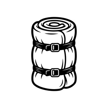 Rolled up sleeping bag icon camping bedroll with buckles line art illustration.