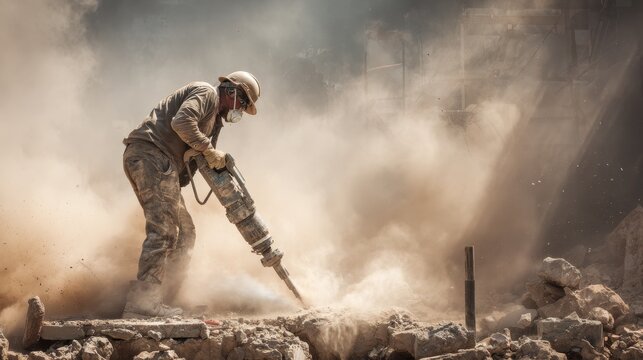 Construction worker operates jackhammer during demolition in dusty environment