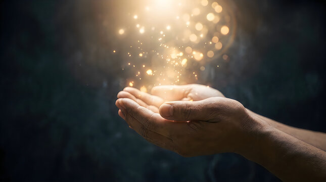 Closeup of cupped human hands holding glowing golden light particles against a dark background, symbolizing hope, spirituality, and divine energy