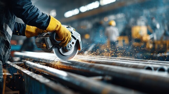 Industrial worker cuts metal pipes with a precision saw in a factory setting during a busy workday