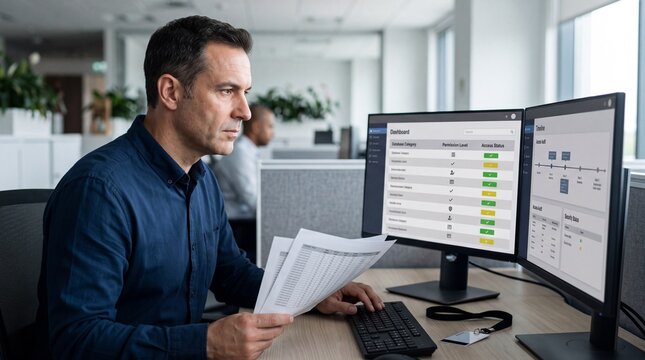 Data analyst reviewing security dashboard and comparing printed spreadsheet at office desk. Caucasian specialist monitoring system access permissions on dual computer screen.