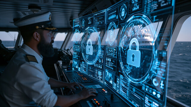 Captain monitoring AI-secured maritime IoT systems on board vessel