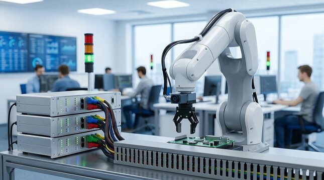 Modern mechanical robot arm scanning electronic printed circuit board during assembly stage in bright technology development company laboratory with workers in back.