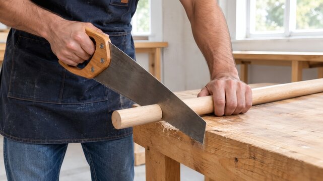 Woodworker sawing a wooden dowel on a workbench in a workshop with hand saw sawing wood manual work wood craft cutting wood