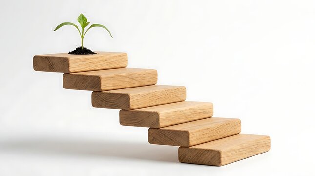 Small green plant sprout growing from dark soil on top wooden staircase step on white background represents sustainable business development and strategic growth.