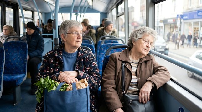 Senior passengers sitting inside public bus together where older woman holding shopping bag with fresh vegetables and another elderly woman sleeping near window.