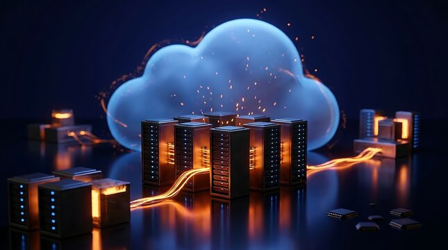 Abstract visualization of cloud computing servers with glowing orange energy streams, representing digital transformation and data transfer.